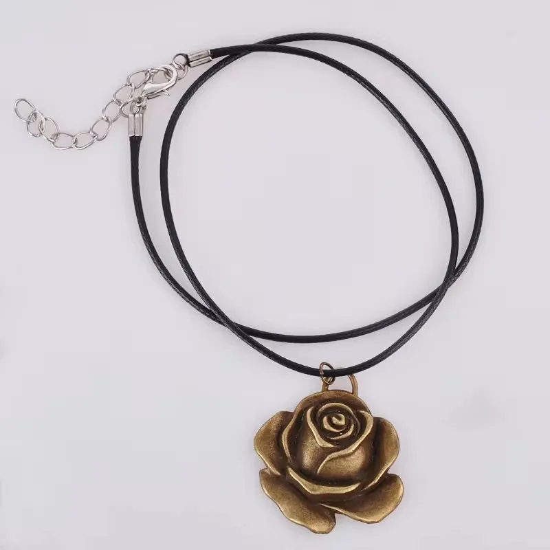 36*31Mm Vintage Antique Bronze Metal Rose Flower Pendant Necklace Women Choker Wax Cord Rope Necklace Jewelry Fashion Jewellery