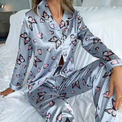 Women's Silk Satin Pajamas Set Long Sleeve Top and Pants Two-piece Set Sleepwear Loungewear Button Home Suit For Ladies Pyjamas