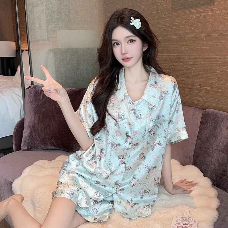 

Sleepwear Women's Clothes Suits Summer Thin New Ice Silk Home Simple Cozy Loose Casual Skinny Cool Breathable Temperament Sweet