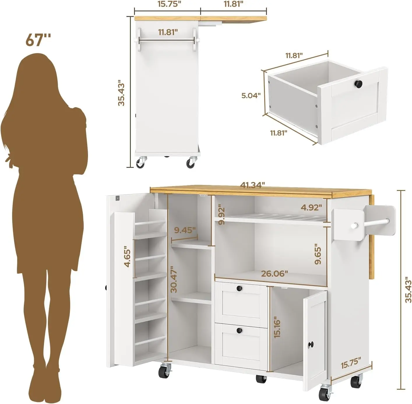 Rolling Kitchen Island with Storage Cabinet, 41.3'' Width Kitchen Cart with Desktop Drop Leaf Countertop, Portable Mobile
