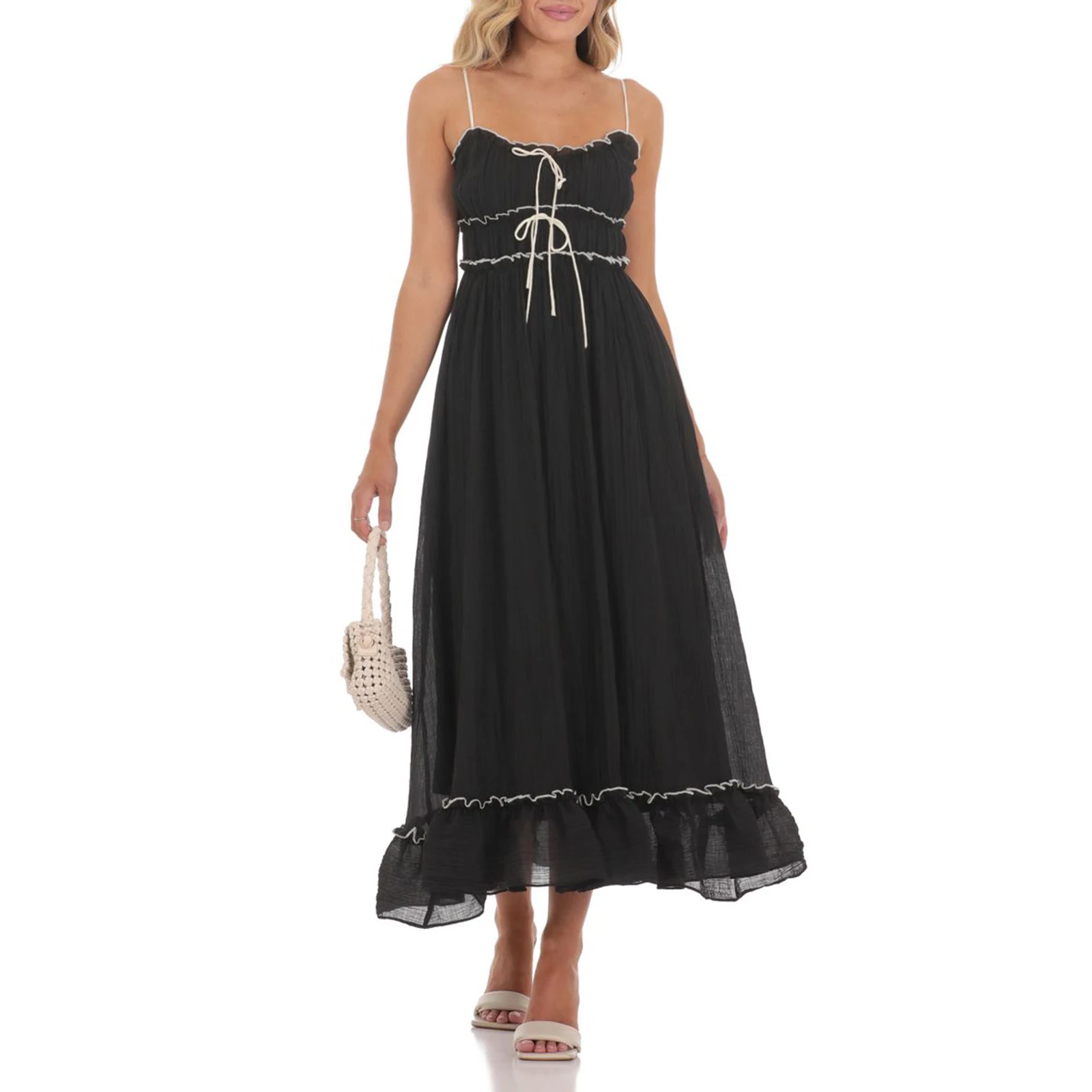 

Summer Fashion Sling Dress Women's Contrast Trim Tie Bow Sleeveless Spaghetti Strap Long Flowy Dress