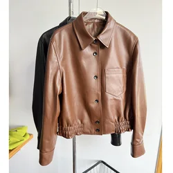 Real Sheepskin Jacket for Women Fall Winter Retro Single Breasted Lapel Collar Female Long Sleeve Elastic Waist Short Jackets