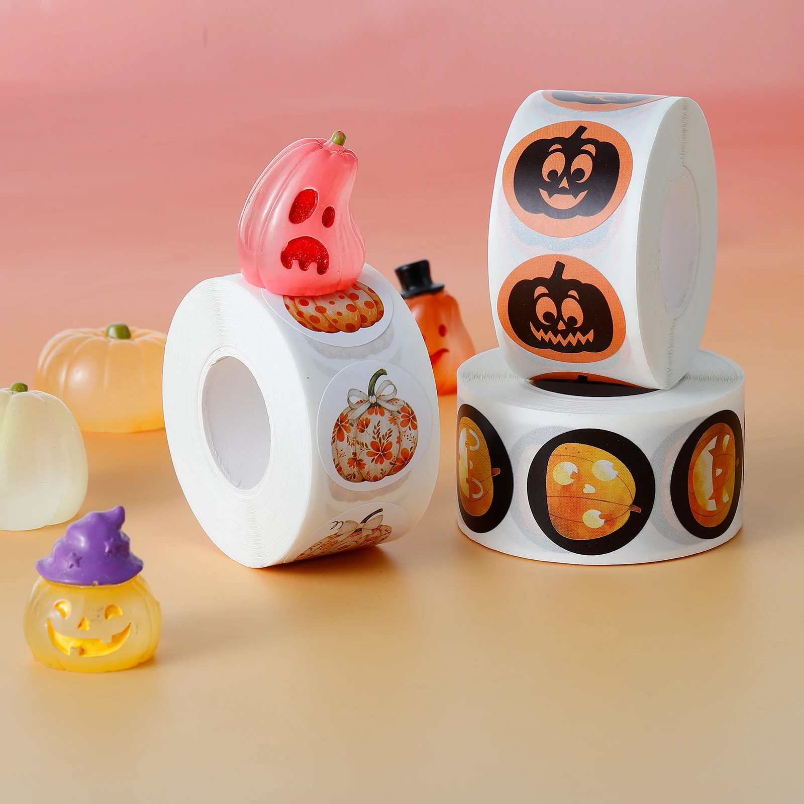 Halloween Pumpkin Pattern Stickers round Easy to Peel Sealing Paste Party Event 【Decorative Stickers】 500pcs/Roll
