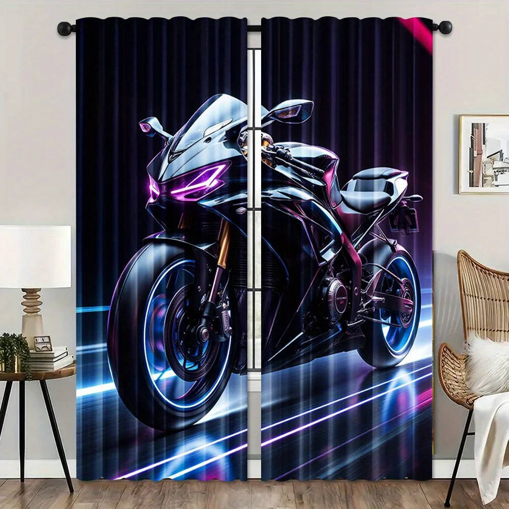 2pcs Neon Motorcycle Curtains Cyberpunk Bike Print Blackout Drape Living Room Bedroom Window Treatment Home Decor