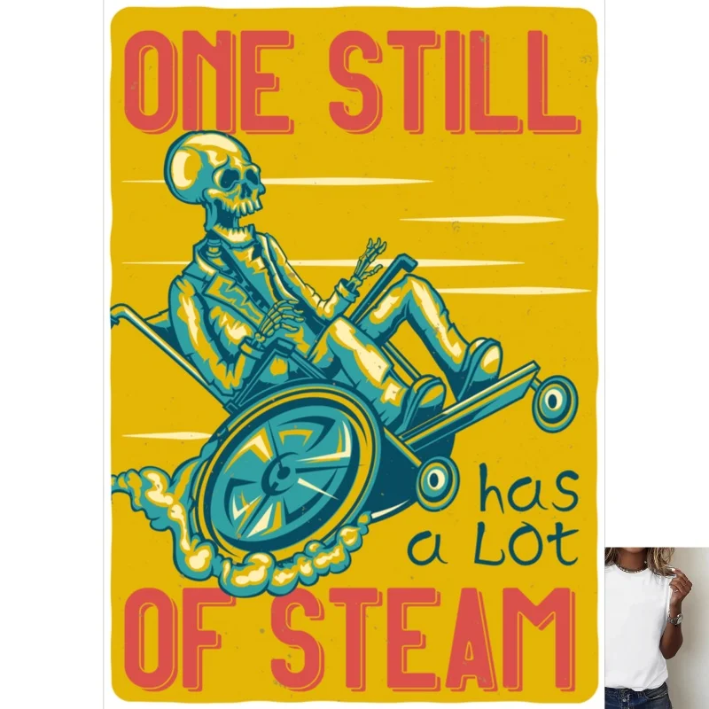 Fun Skeleton in Wheelchair Graphic Heat Transfer White Ink Iron - on, Suitable for T - shirts, Canvas Bags, Trendy & Funny Style