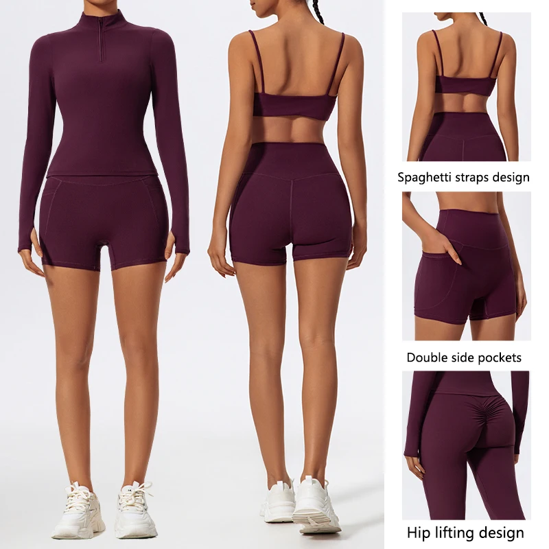 Hearuisavy Summer Long Sleeve Workout Suit Sports Set Women Quick-Dry Gym Bra Set Short Tracksuit Running Workout Yoga Clothes