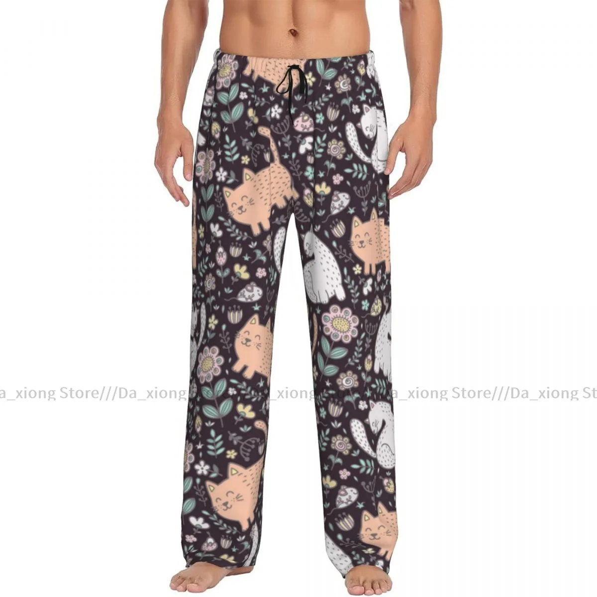 Men Sleep Bottoms Male Lounge Trousers Men's Cute Cats And Flowers Pajama Pants