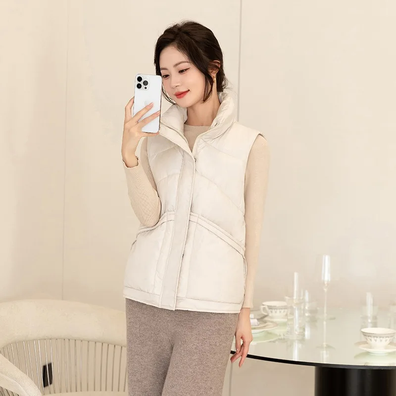 Stand Collar Padded Vest Women Warm Winter Sleeveless Outerwear Side Drawstring Zip Pocket Loose Korean Style Quilted Gilet New