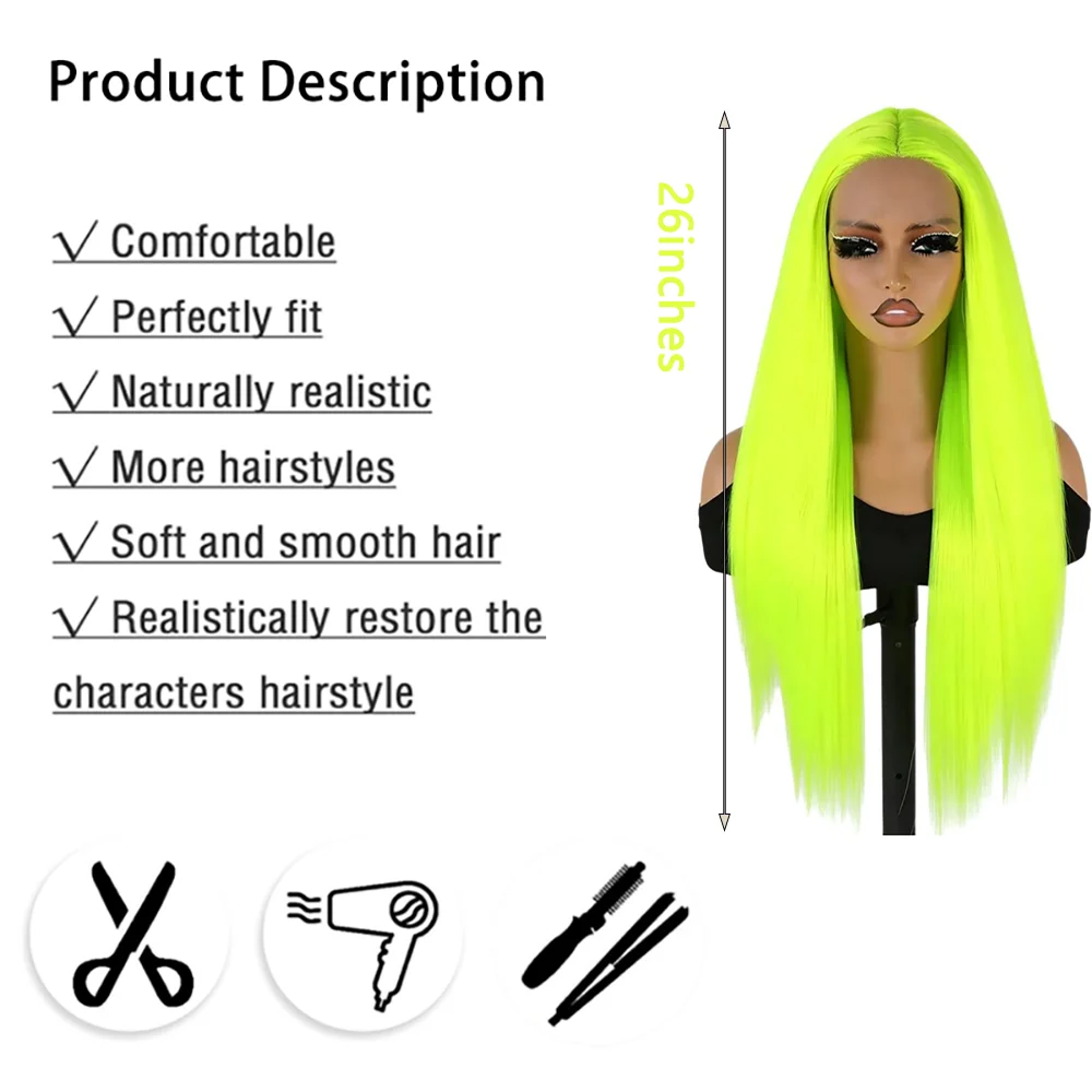 13×4 Lace Front Wig Neon Green Long Straight Heat Resistant Synthetic Wig with Natural Hairline For Women Party Music Festival