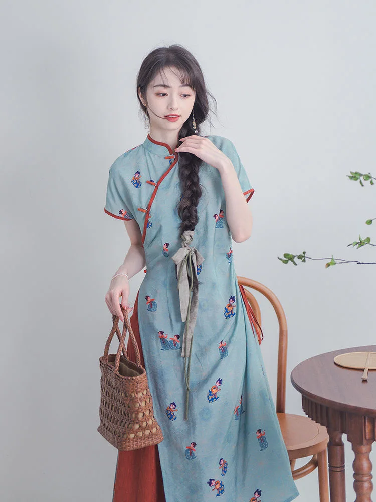 

2024 Chinese Style Improved Chic Waist Design Cheongsam Vintage Slim Split Dress Elegant Lady Party Dress with Wide Leg Pants