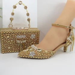 BaoYaFang Champagne Gold Crystal Bridal wedding shoes and Bag Pointed Toe Female Party Shoes Fashion Ankle Strap High Pumps