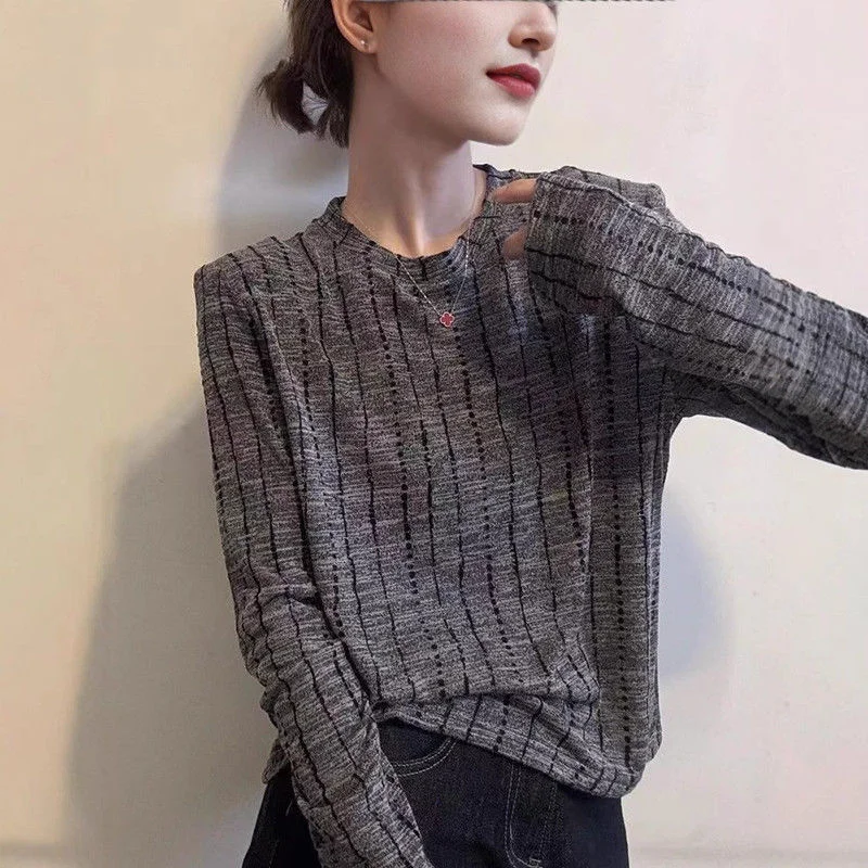 

Round Neck Striped Printed Long-sleeved New Women's Casual Fashionable High-end and Versatile Shirt