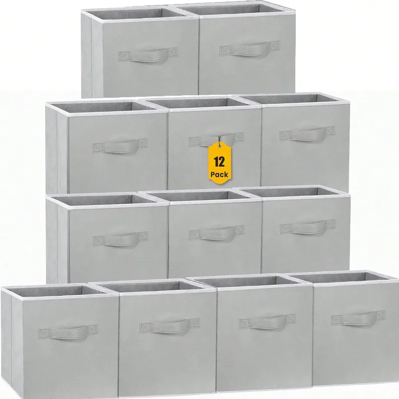 13X13X13 12-Pack Foldable Storage Bins Collapsible Closet & Toy Organization Boxes Space Saving Fabric Cubes For Shelves Gray