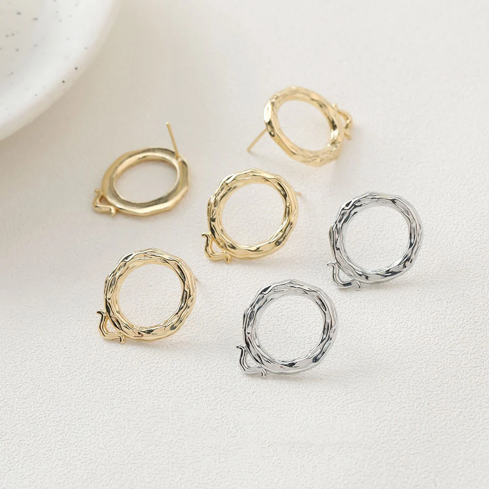 2PCS 14K Gold Plated Simple Round Rough Surface Loop Earrings Stud DIY Making Accessories Supplies