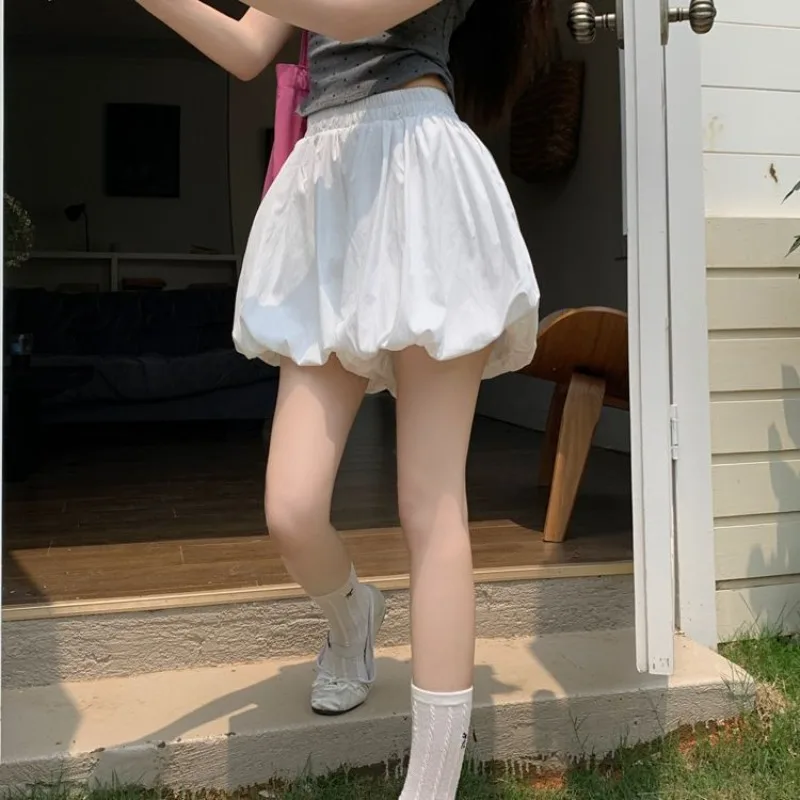 Elastic Waist Flower Bud Skirts Double Layered Pants Skirt Solid White Cute Bubble Skirt Cute Sweet Young Girls Summer Lolita