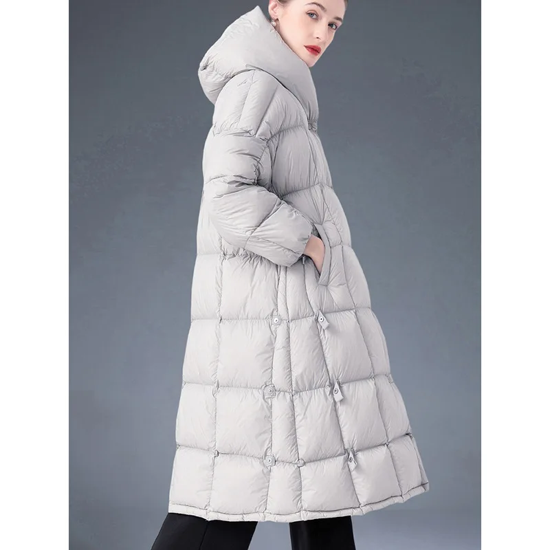 Luxury High Quality Winter New White Duck Down Women's Long Down Jacket Quilted Hooded Trench Coat Thick Loose A-Line Outerwear