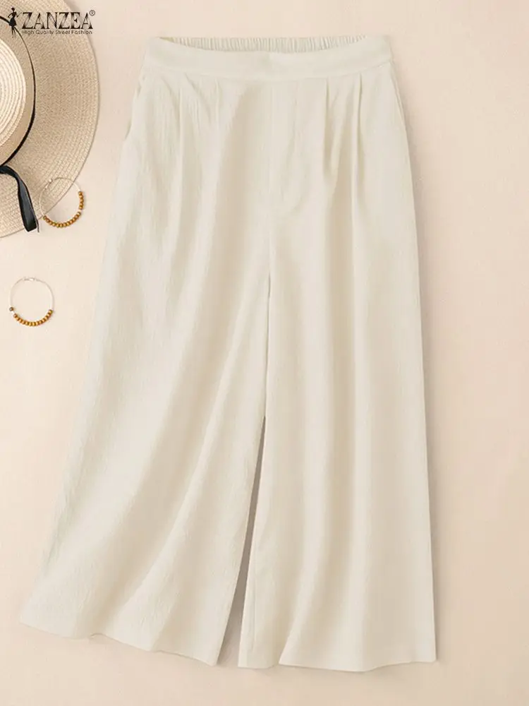 ZANZEA Women Casual Crinkled Texture Wide Leg Pants 2025 Autumn Elastic Waist Solid Color Mid-Calf Cropped Pant Everyday Wear