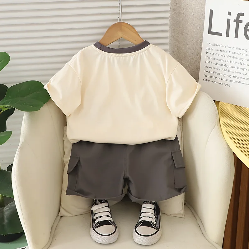 Summer New Boys' Trendy Handsome Fashion Set Children's Cartoon Line Dinosaur Short Sleeve T-Shirt Two Piece Set