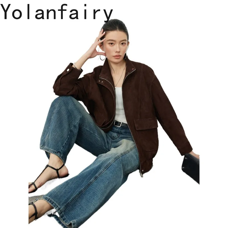 YOLANFAIRY Genuine Leather Jacket Women Fashion Real Cowhide Suede Leather Coat Women Clothes Spring Autumn Mid-length Jackets