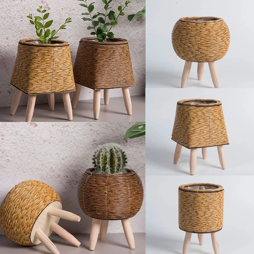 

Portable Retro Rattan Woven Flower Pot Fashion Garden Flower Basket Creative Removable Legs Plant Stand / Plant Pots