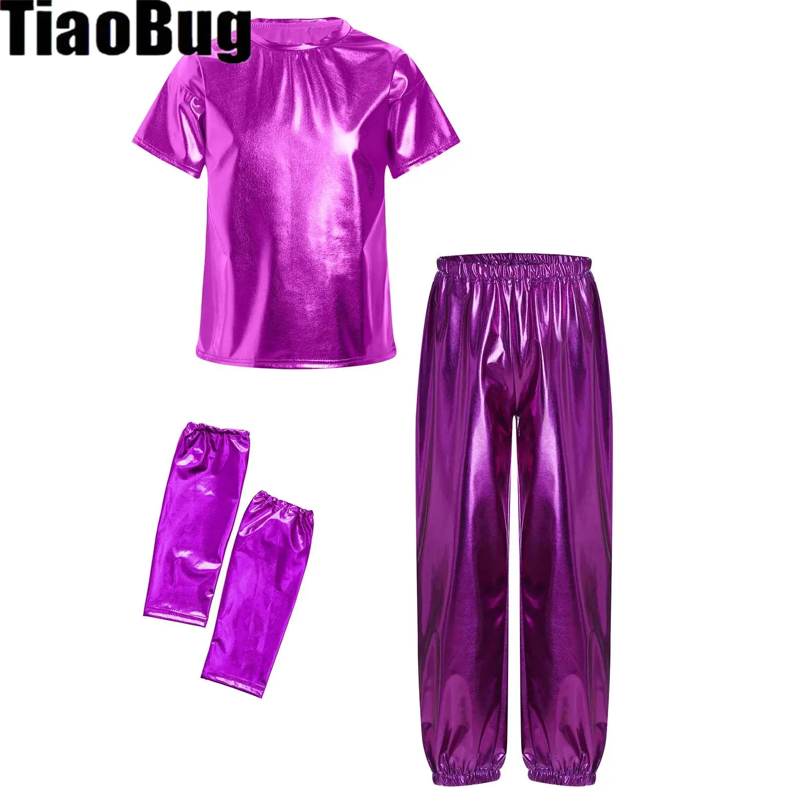 

Boys Girls Hip-hop Jazz Dance Outfits Costume Short Sleeve Metallic Shiny T-shirt with Pants Gloves for Performance