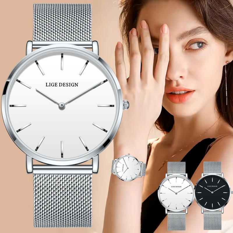 

LIGE женские часы лучший бренд класса люкс круглые ультратонкие сетчатые кварцевые наручные часы женские модные простые водонепроницаемые часы для женщин