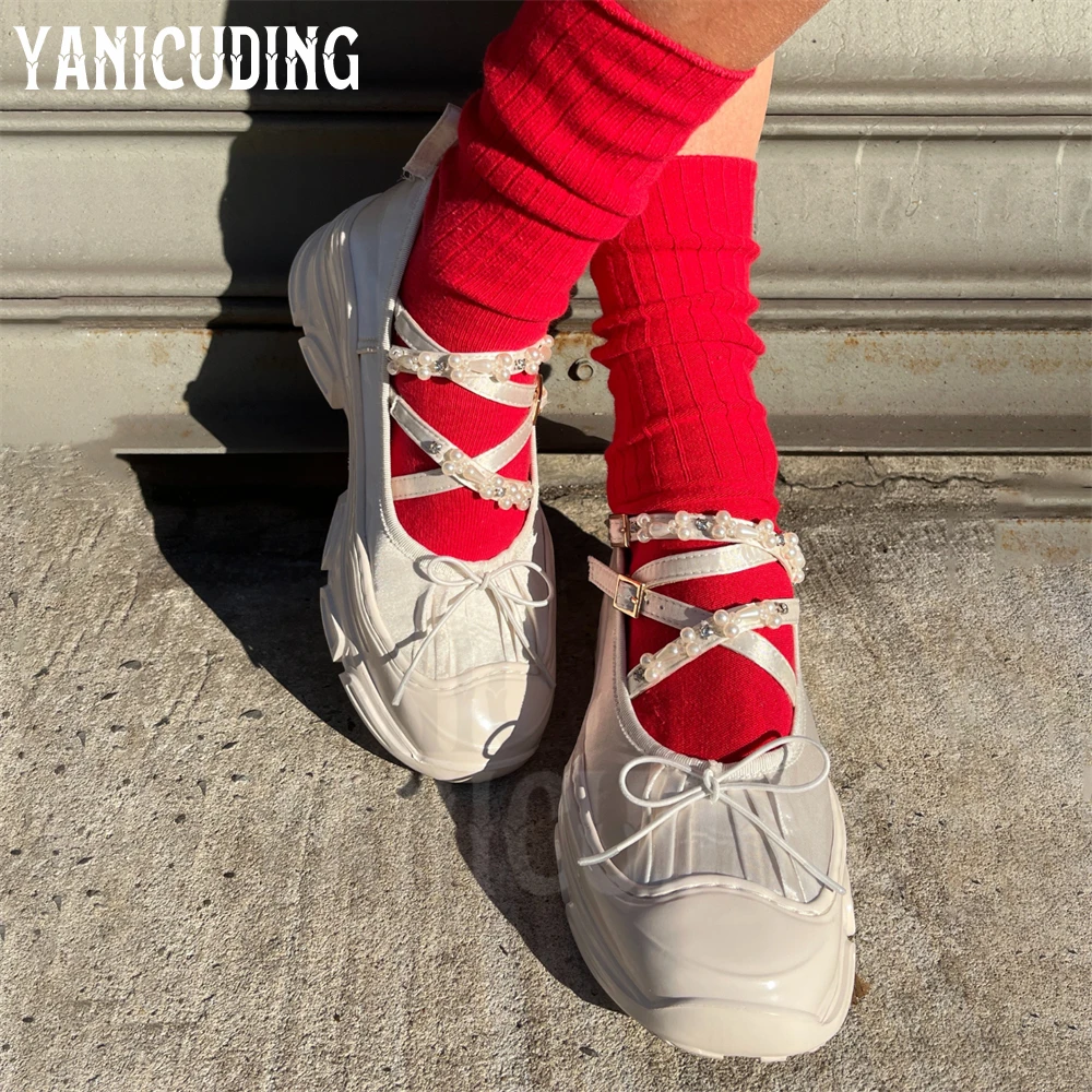 Ballet Sneakers Pearl Cross Strap Lace-Up Shoes Thick Bottom Round Toe Comfortable Casual Shoes Sweet Style Women\'s Daily Shoes