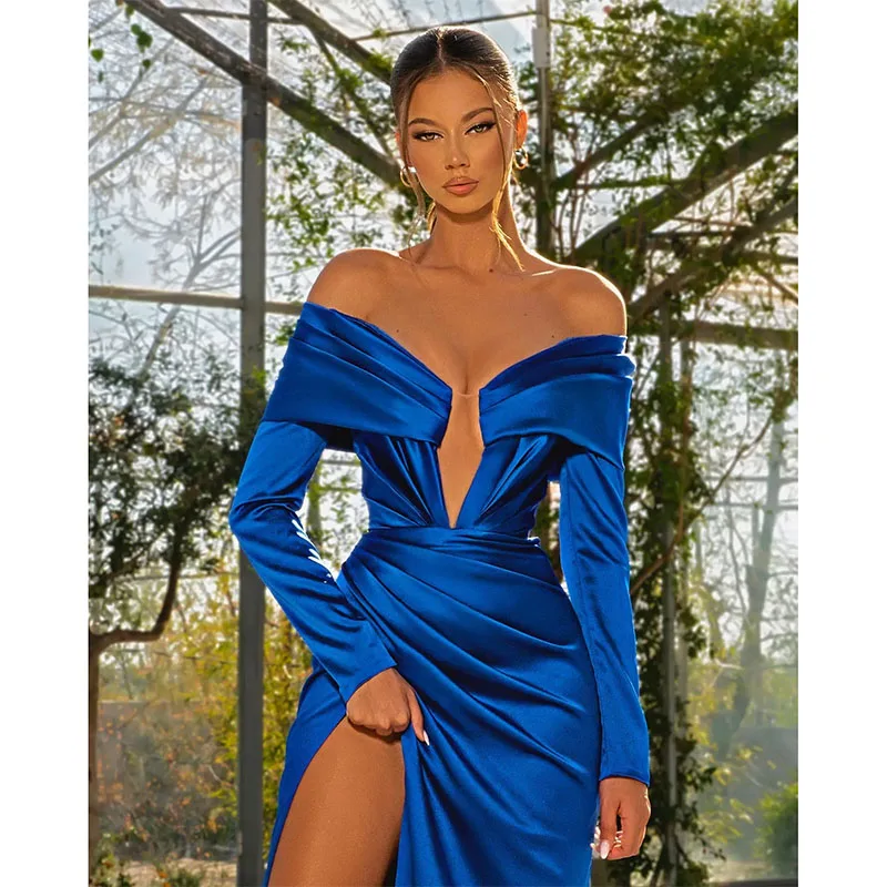 Elegant Royal Blue Evening Dresses Pleats Party Prom Sweep Train Split Long Dress For Red Carpet Special Occasions