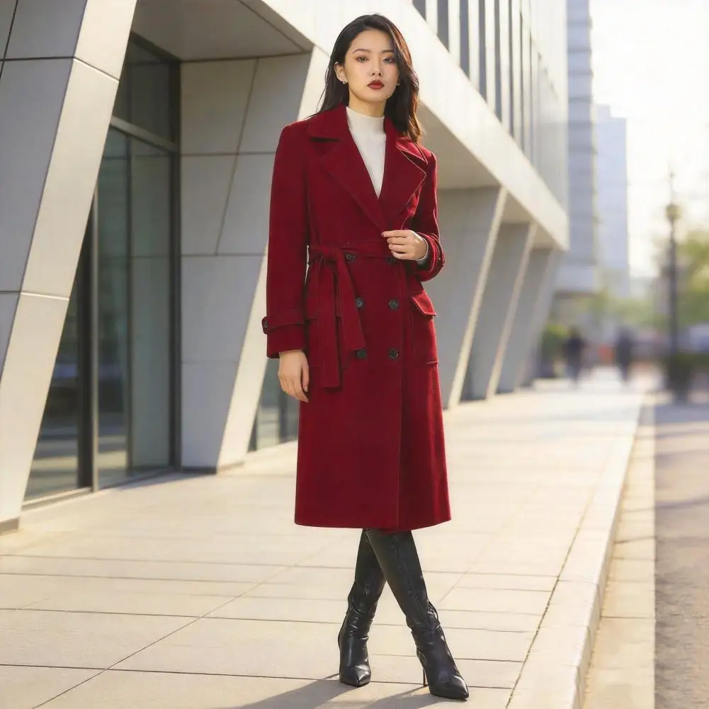 Elegant Label Long Coat With Belt Loose Full Sleeve Pocket Coats 2026 Autumn Winter Solid Patchwork Outwear Lady