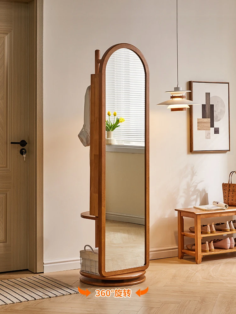 Solid wood full body mirror, floor mounted mirror, household bedroom mobile fitting mirror, hanging hanger