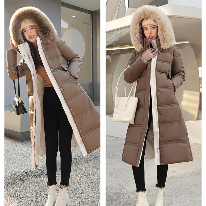 2024 Winter New Down Cotton Parkas Jacket Women\'s X-Long Faux Fur Collar Padded Jacket Thick Loose Large Size Padded Jacket