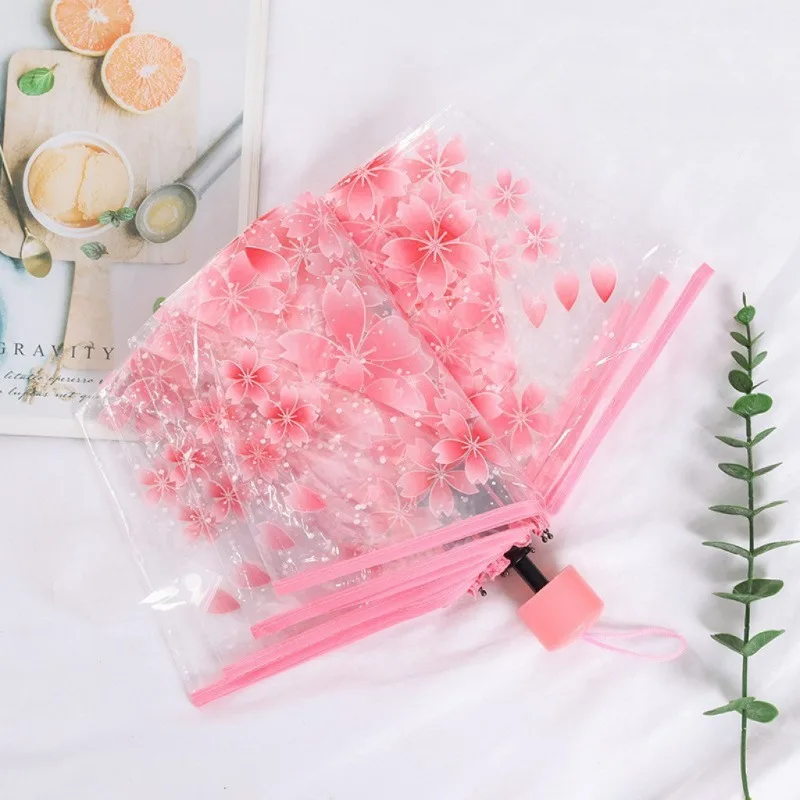 Portable Transparent Sakura Clear Umbrella Cute Cartoon Foldable Three Folding Manual Umbrella for Student Men and Women Travel view 6