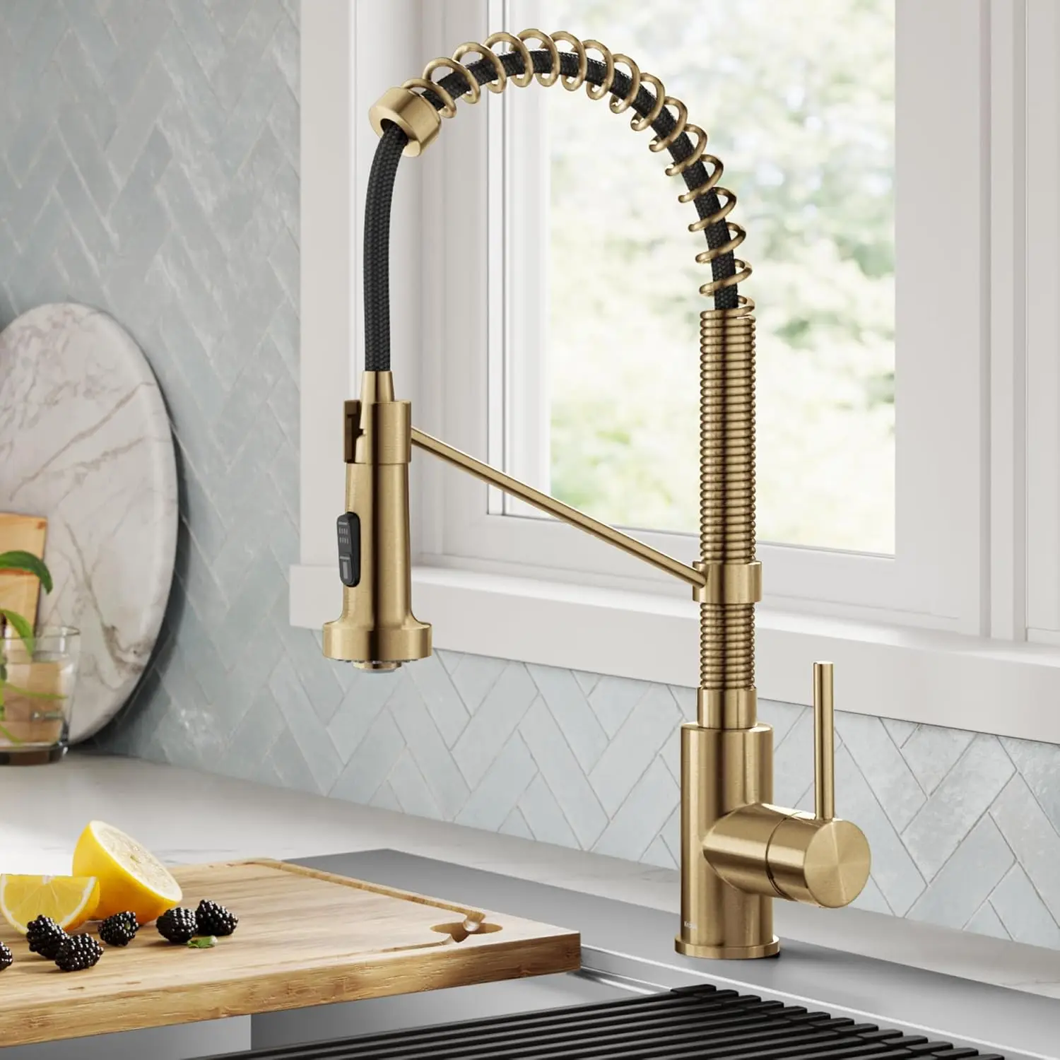 Commercial Style 2-Function Single Handle Pull Down Kitchen Faucet in Spot-Free Brushed Brass, KPF-1610BB