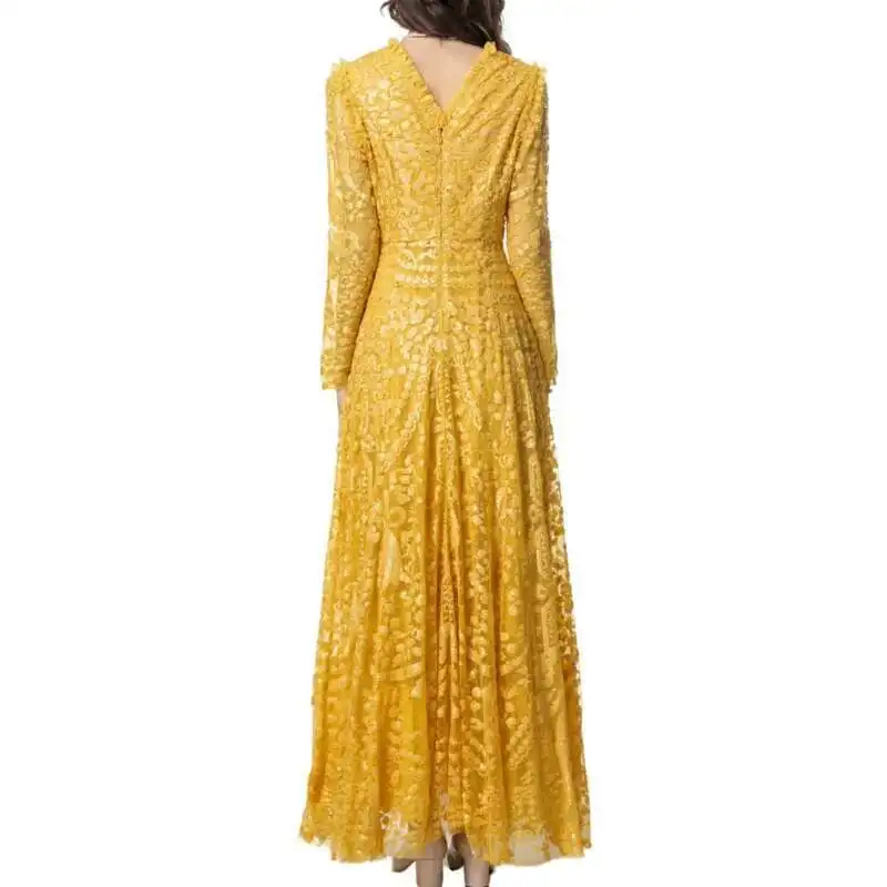 QMQA Fashion Women's Evening Dress Yellow Sequins Spliced V-neck Long Sleeve Elegant Banquet Dresses 2025 Spring New QM297
