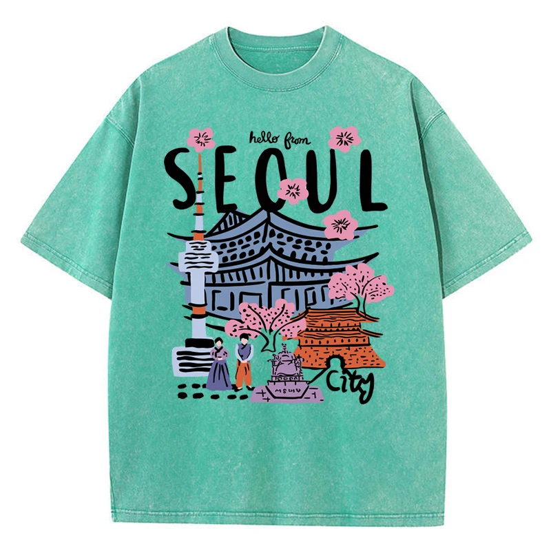 

Women'S Cotton Washed T-Shirts Trend O-Neck Distressed Tee Shirts Seoul Beautiful Scenery Printed Short Sleeve Summer Clothes