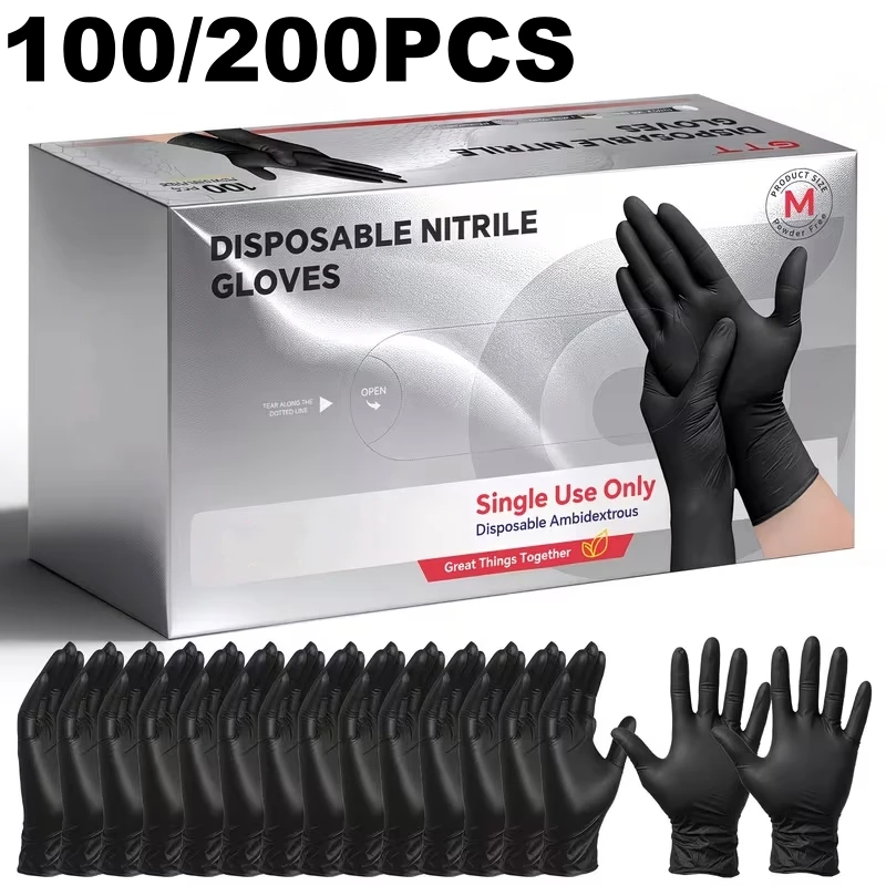 100/200PCS Black Nitrile Disposable Gloves 4Mil Non-Sterile Household Cleaning Work Gloves for Women Kitchen Gardening Hair Dye