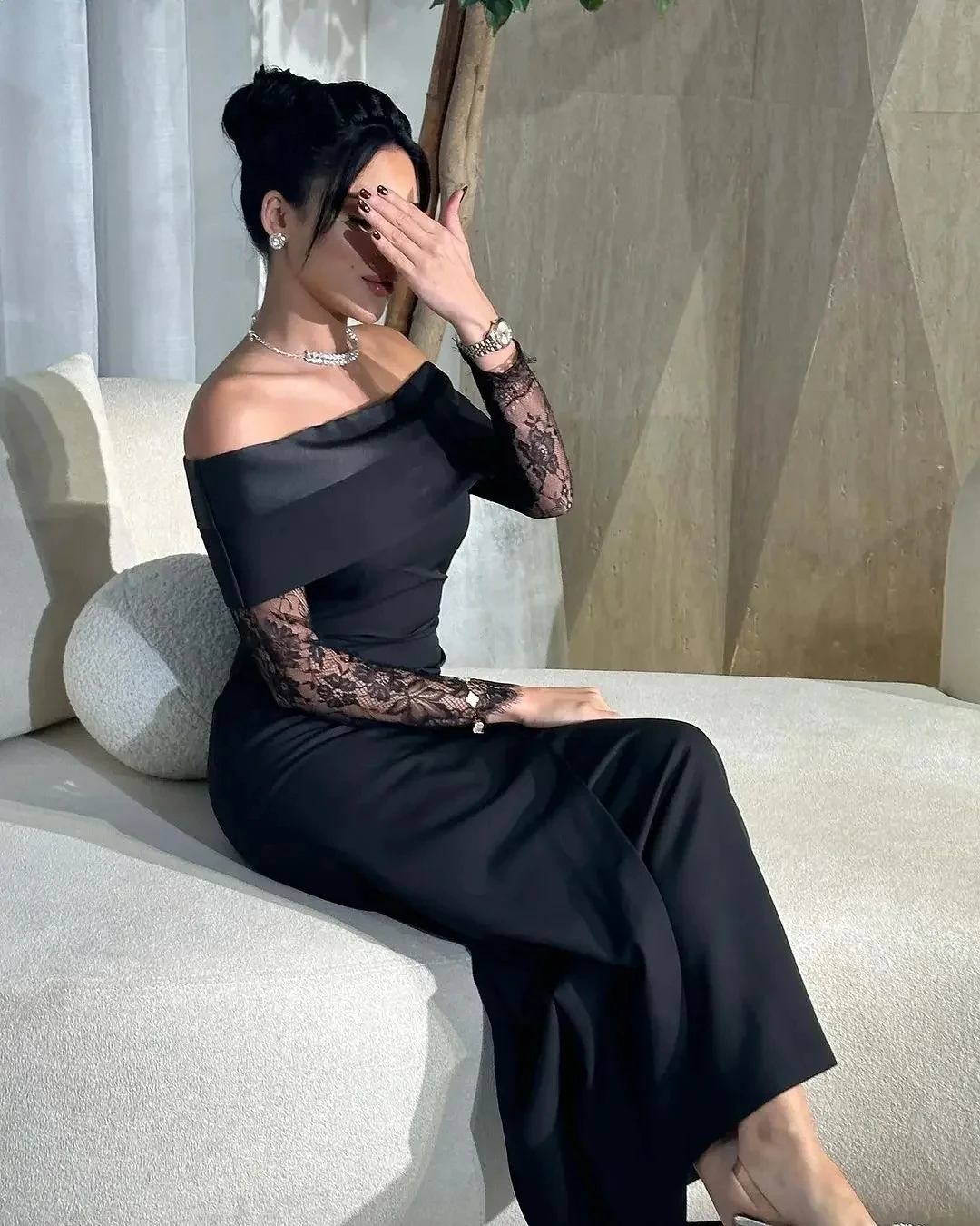 Elegante arabo Dubai abito da sera formale scollo a barca maniche lunghe pizzo raso guaina ballo di fine anno abiti da festa Robe De Soiree