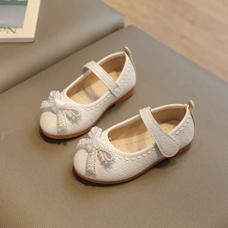 

Girls Shoes Spring Autumn Baby Ballet Flats Shoes Rhinestone Pearl Bowknot Princess Soft Soled Child Wedding Dance Leather Shoes