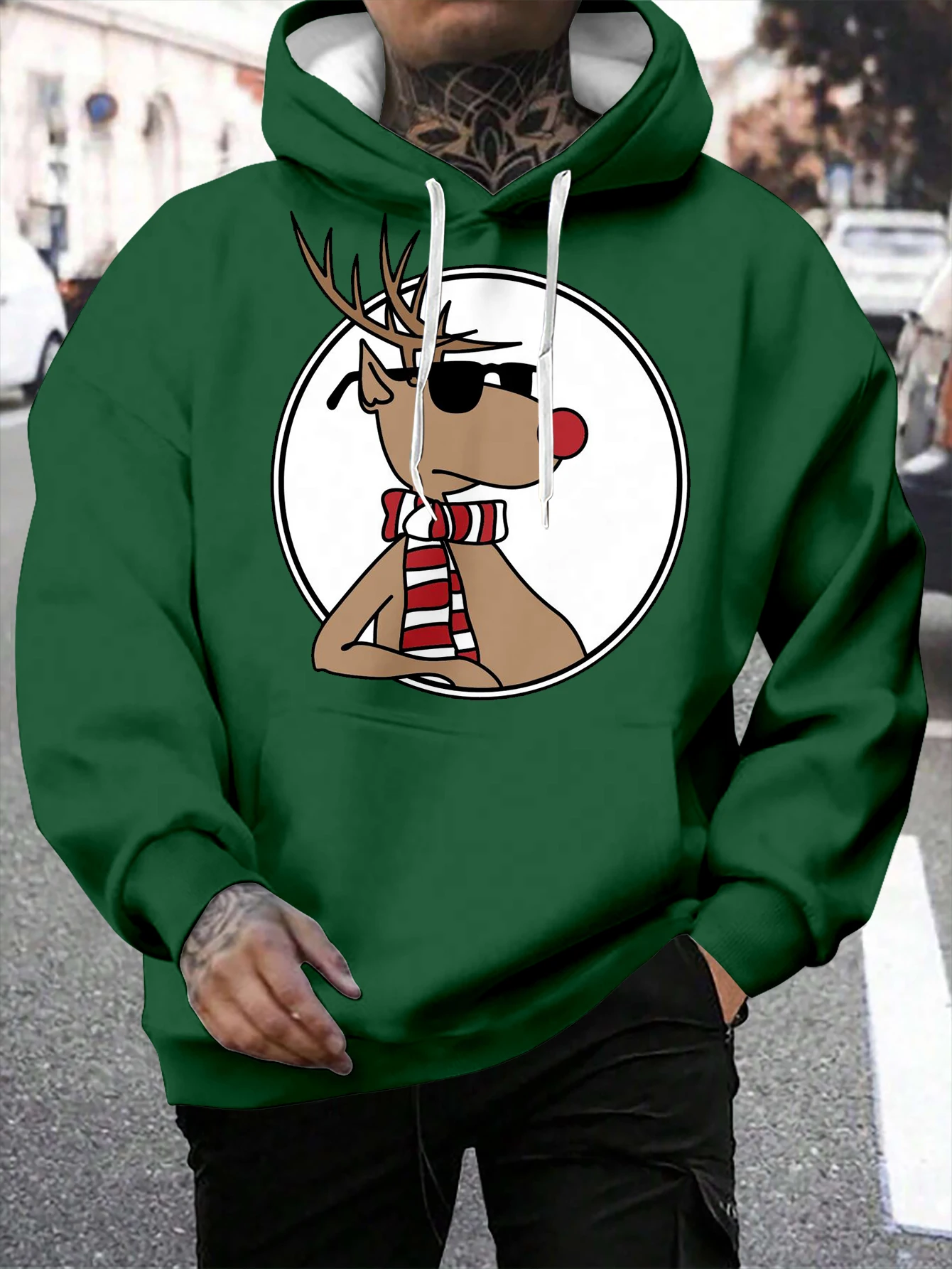 

3D Cartoon Reindeer Printed Men's Hoodies Soft Stretch Polyester Fabric Pullover Tops Outdoor Street Christmas y2k Men Clothing