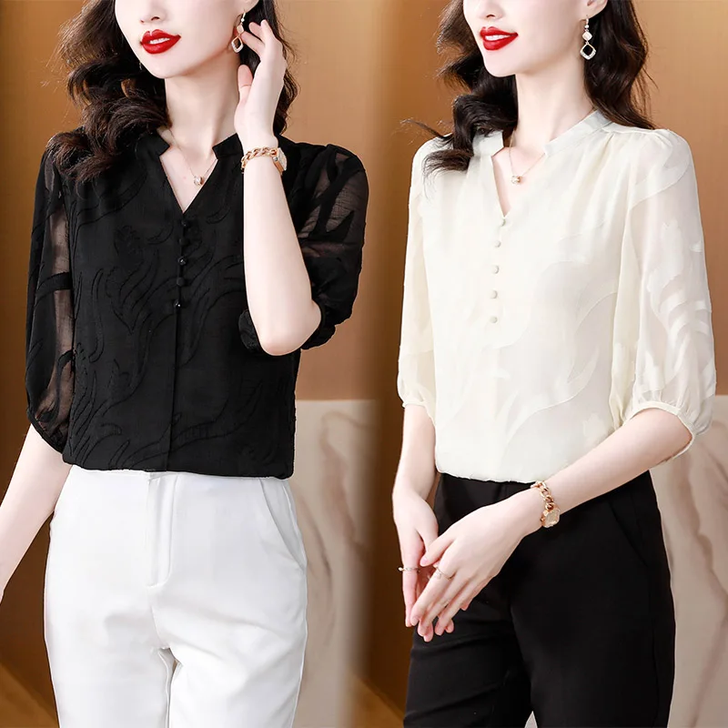 Women Clothing Elegant Fashion Hollow Out Chiffon Blouse Summer Casual V-Neck Solid Short Sleeve Shirts Office Lady Loose Tops