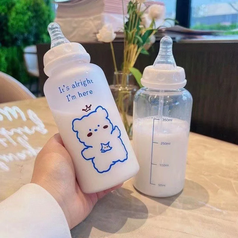 400ml Kawaii Plastic Strawberry Bear Water Bottle For Kids Adult Milk Juice Straw Cup Frosted Leakproof Drinking Bottles