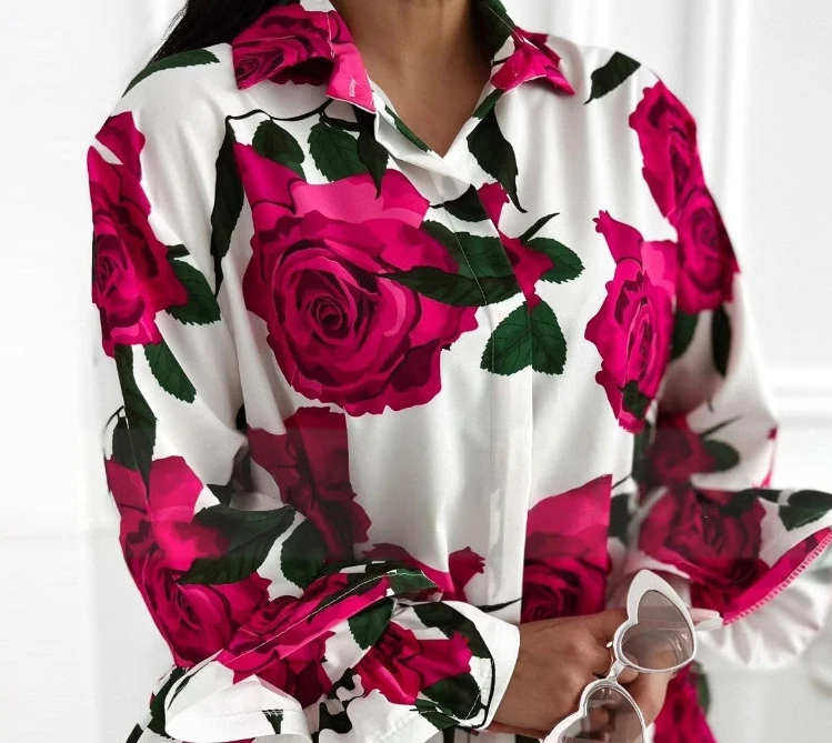 Camicia da donna con colletto rovesciato con stampa floreale, orlo con volant, manica lunga, camicetta casual, camicette stampate a fiori