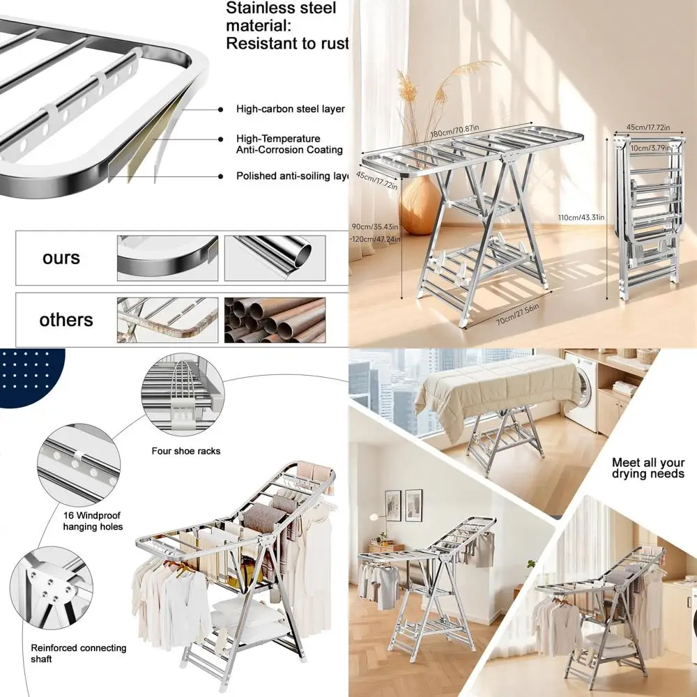 

Регулируемая складная вешалка для белья из нержавеющей стали с полкой для обуви, ветрозащитная и на колесиках для использования в помещении и на открытом воздухе, поддерживает до 1326