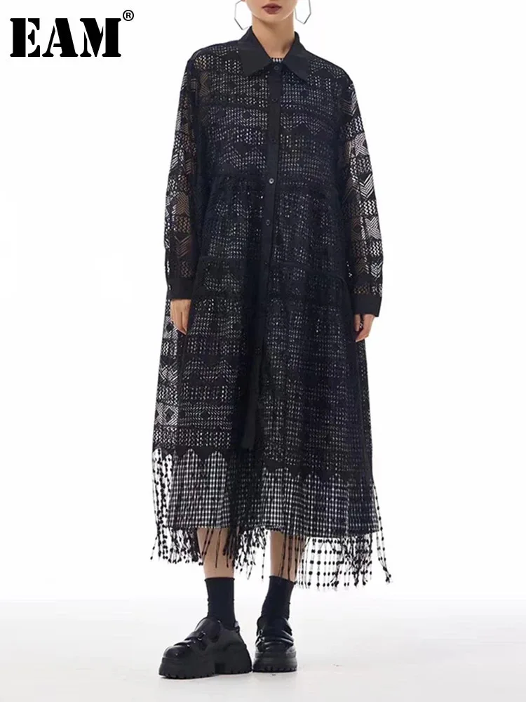 [EAM] Women Black Lace Hollow Out Tassels Big Size Midi Shirt Dress New Lapel Long Sleeve Fashion Spring Autumn 2025 1DH8942