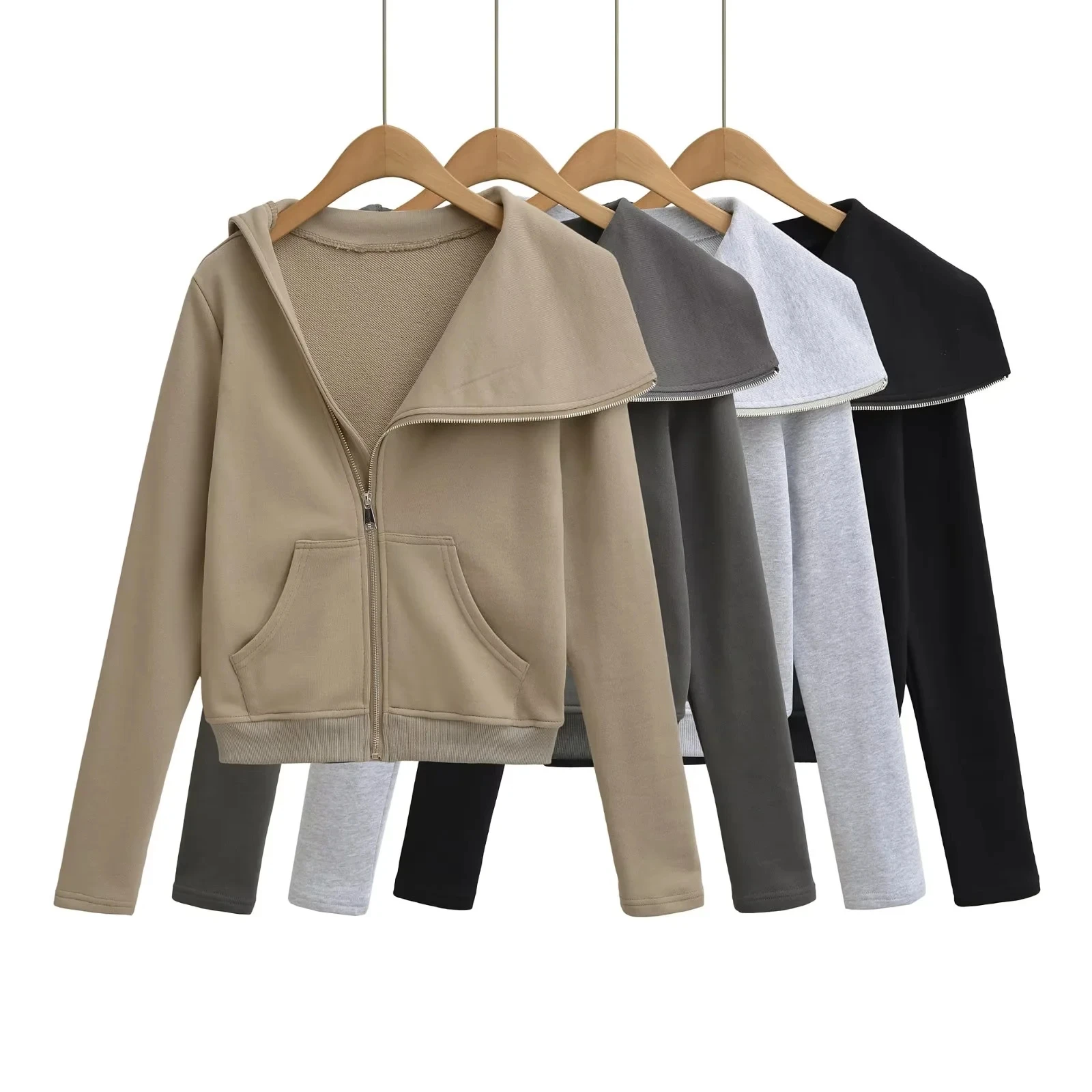 เสื้อฮู้ดดี้ซิปแบบอสมมาตรสไตล์อเมริกันสำหรับผู้หญิง ทรงหลวม ช่วยให้ดูผอม แขนยาว คอเฉียง เสื้อกันหนาวสำหรับฤดูใบไม้ร่วง