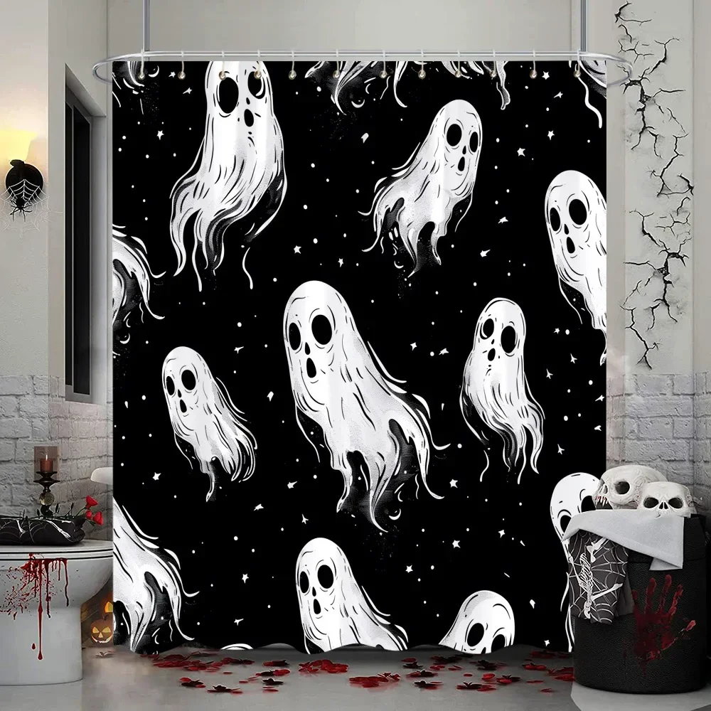 Halloween Shower Curtain Trick or Treat Skeleton Naughty Elf Castle Pumpkin Polyester Shower Curtains Bathroom Decor with Hooks