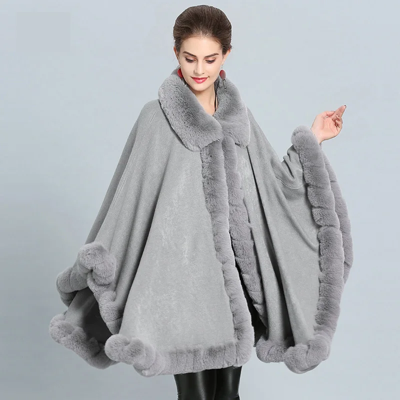 Loose Elegant Faux Rex Rabbit Fur Coat Cape Cloak Fall Winter Women Knit Overcoat Lapel Poncho Mantle Big Size Outwear