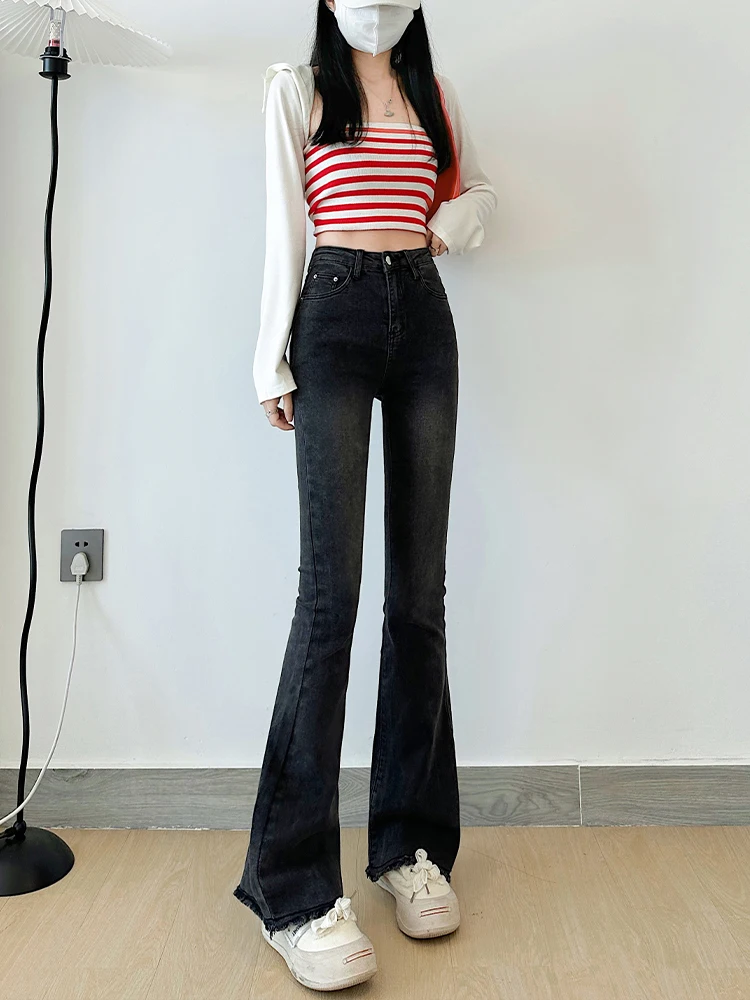 

Джинсы женские с высокой талией, зауженные, с легким расклешением, весна-осень, из хлопкового стрейч-денима, брюки-клеш, Bell Bot Bell ape