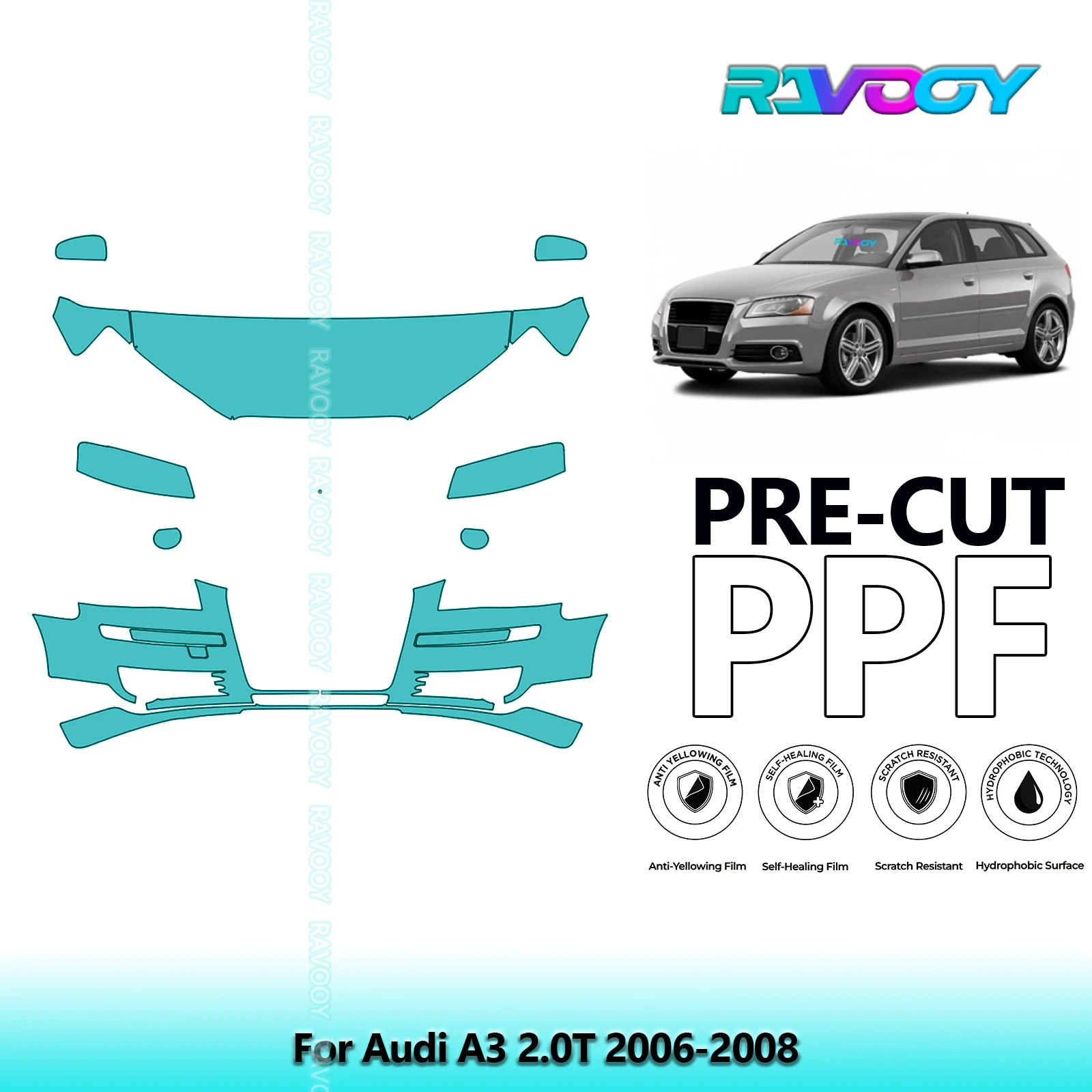 RAVOOY Custom-Fit Precut TPU PPF Front Kit Clear Bra Stone Guard EU UK For Audi A3 2.0T 2006-2008
