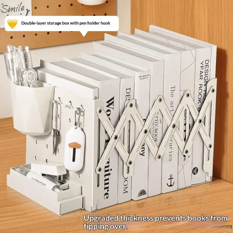 1PcAdjustable Expandable Book Organizer With Pen Holder And Hooks Holds 80 Books Perfect For Student Home Office Desktop Storage